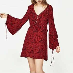 NWT Zara Boho Red & Black Floral Ruffled Long Sleeve Open Back Mini Dress Size L
